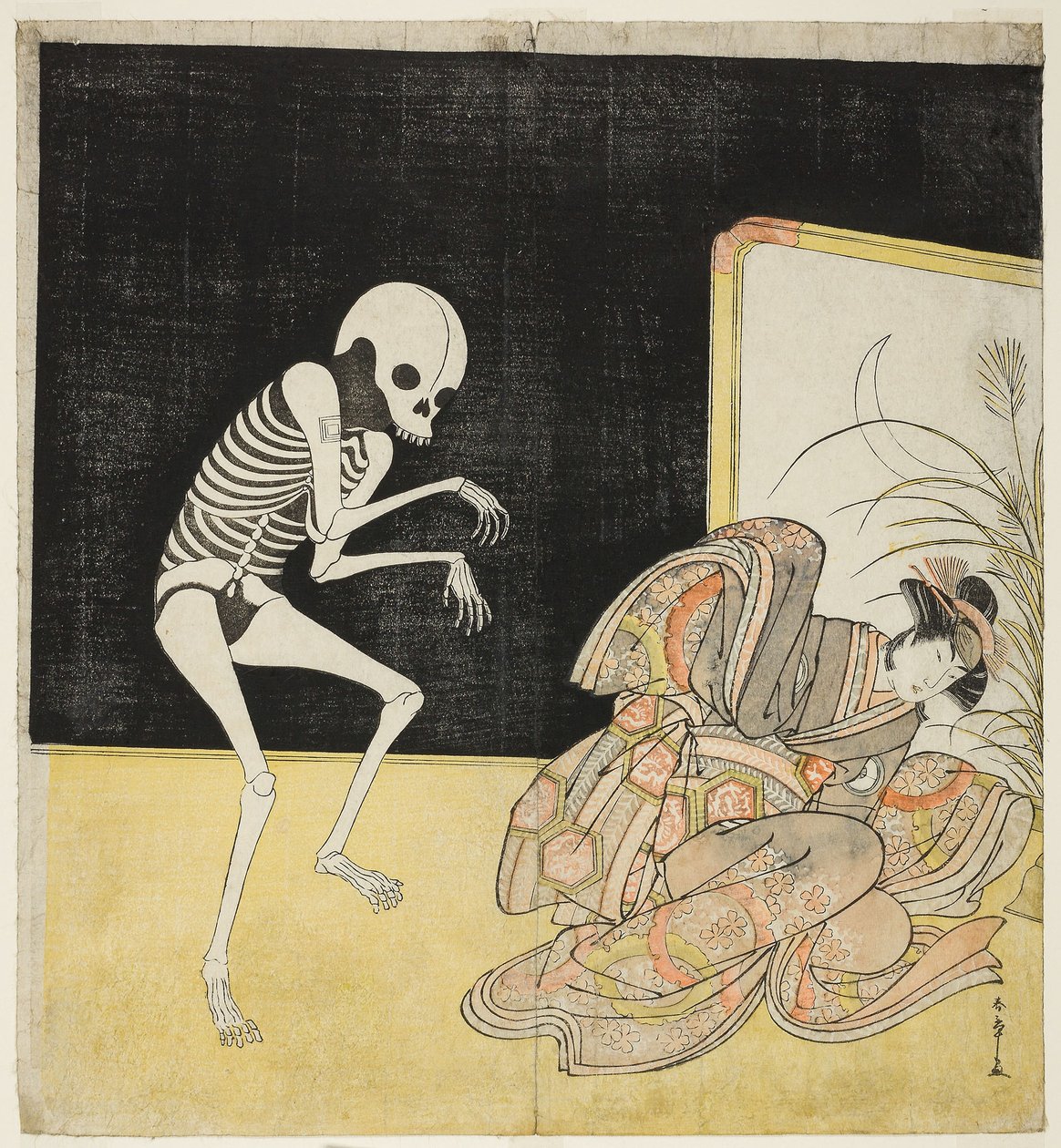Die Schauspieler Ichikawa Danjuro V als Skelett, Geist des abtrünnigen Mönchs Seigen (links), und Iwai Hanshiro IV als Prinzessin Sakura (rechts), im Stück 
