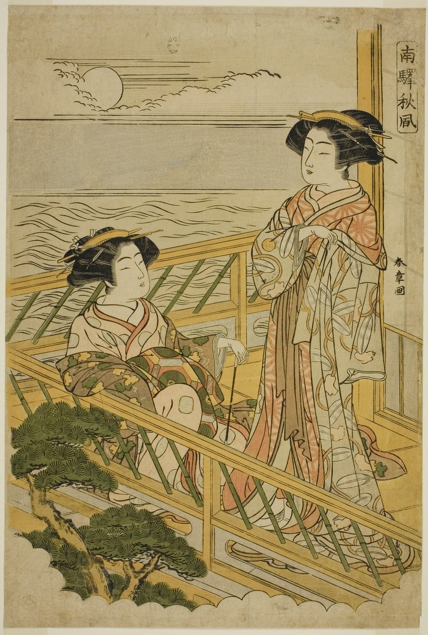 Zwei Kurtisanen auf einem mondbeschienenen Balkon in einem Freudenhaus in Shinagawa, aus der Serie "Nan
