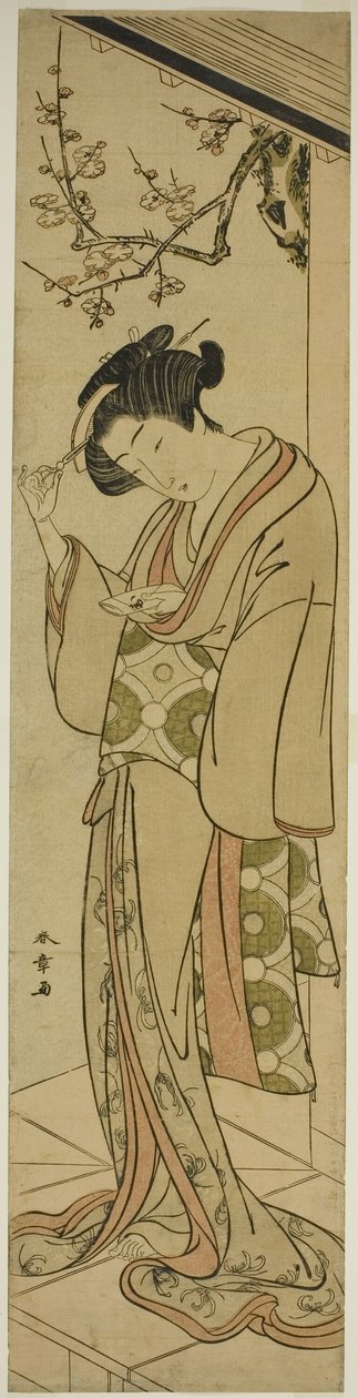 Frau auf einer Veranda, die im Begriff ist, einen Liebesbrief zu öffnen von Katsukawa Shunsho