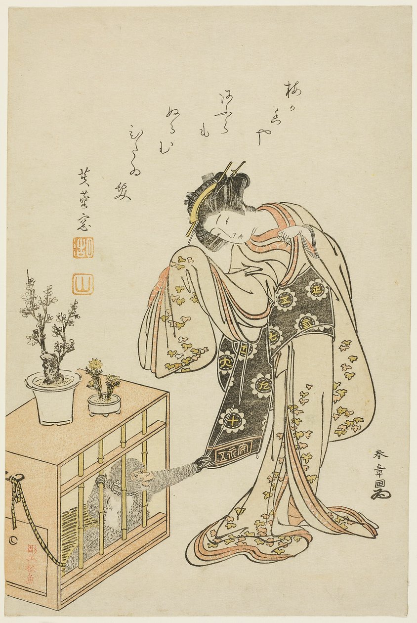 Junge Frau mit einem eingesperrten Affen (Kalenderdruck für Neujahr 1776) von Katsukawa Shunsho