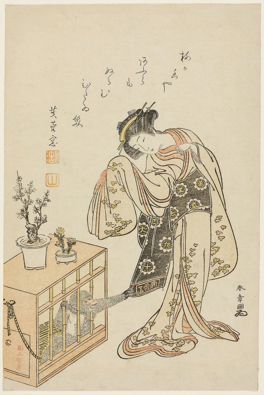Junge Frau mit einem eingesperrten Affen (Kalenderdruck für Neujahr 1776) von Katsukawa Shunsho
