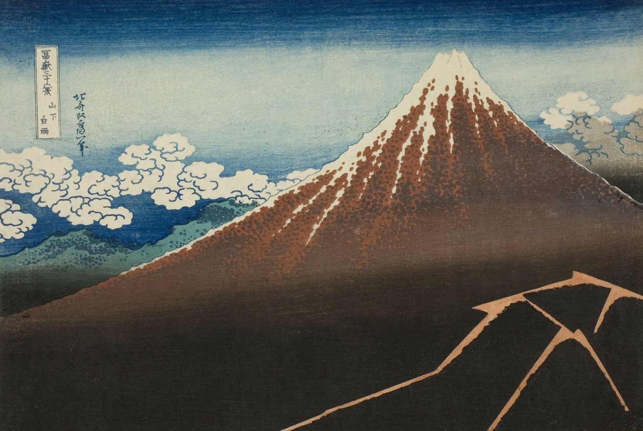 Schauer unterhalb des Gipfels (Sanka hakuu), aus der Serie Sechsunddreißig Ansichten des Berges Fuji (Fugaku sanjurokkei) von Katsushika Hokusai
