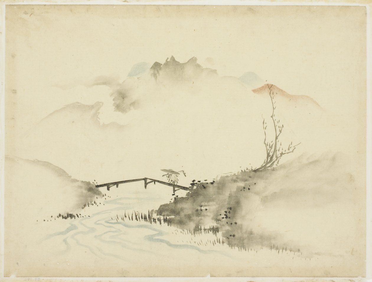 Landschaft mit Bauer, der eine Brücke überquert, 1615-1868 von Katsushika (school of) Hokusai