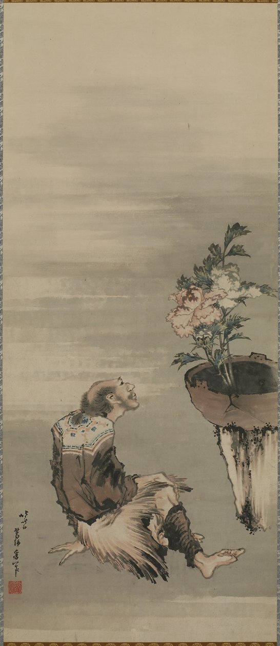 Ein sitzender Mann betrachtet Pfingstrosen im Topf, Edo-Periode von Katsushika Hokusai