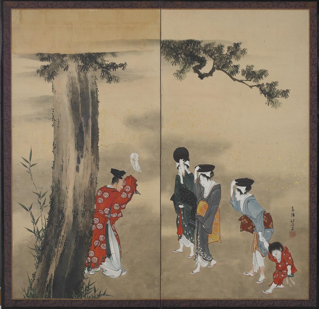 Ein Shinto-Priester, drei Frauen und ein Kind von Katsushika Hokusai