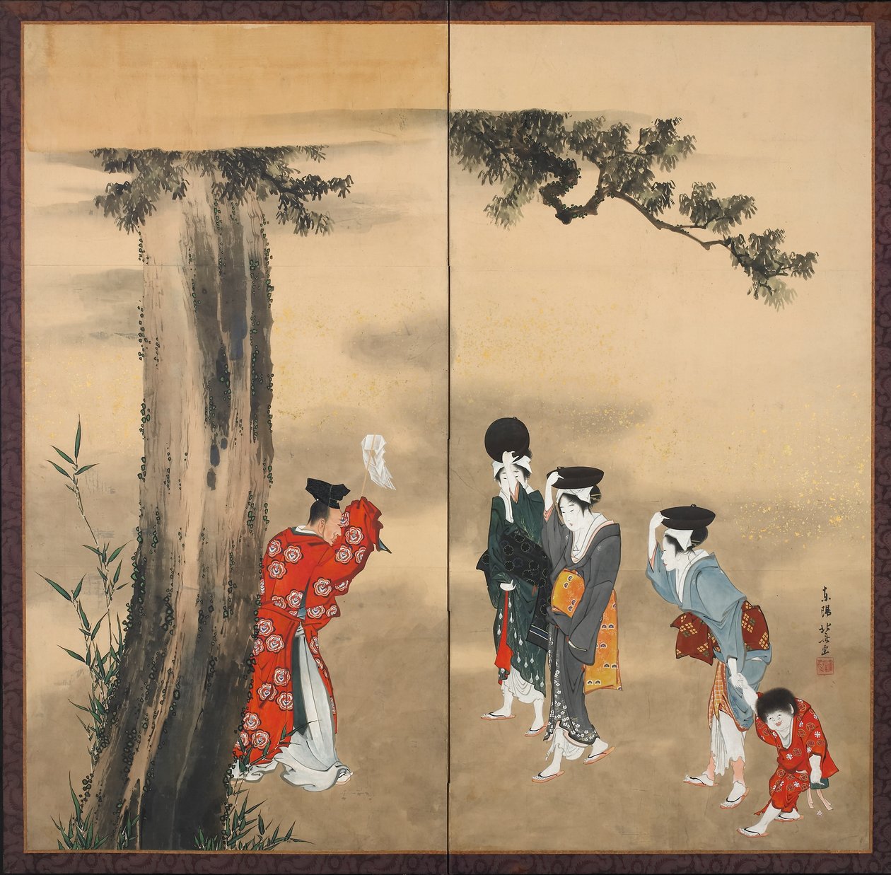 Ein Shinto-Priester, drei Frauen und ein Kind, Edo-Zeit, um 1799 von Katsushika Hokusai