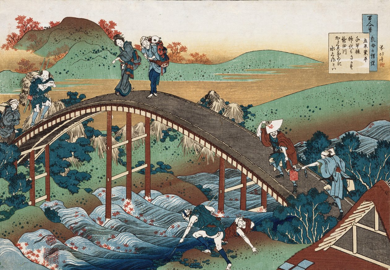 Herbstblätter am Tsutaya-Fluss, aus der Serie "Hundert Gedichte, erzählt von der Amme", ca. 1839 von Katsushika Hokusai