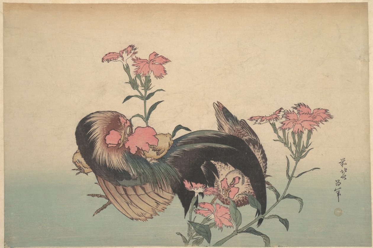 Hahn, Henne und Nadeshiko (Dianthus Superbus) von Katsushika Hokusai
