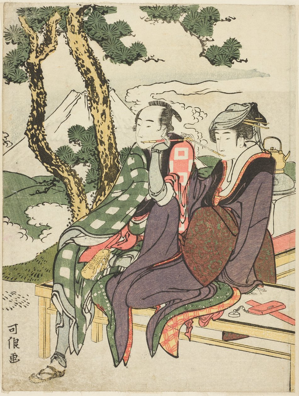 Abendglühen für Date no Yosaku und Seki no Koman, aus der unbetitelten Serie bekannt als "Acht Ansichten tragischer Liebender (Michiyuki hakkei)" von Katsushika Hokusai