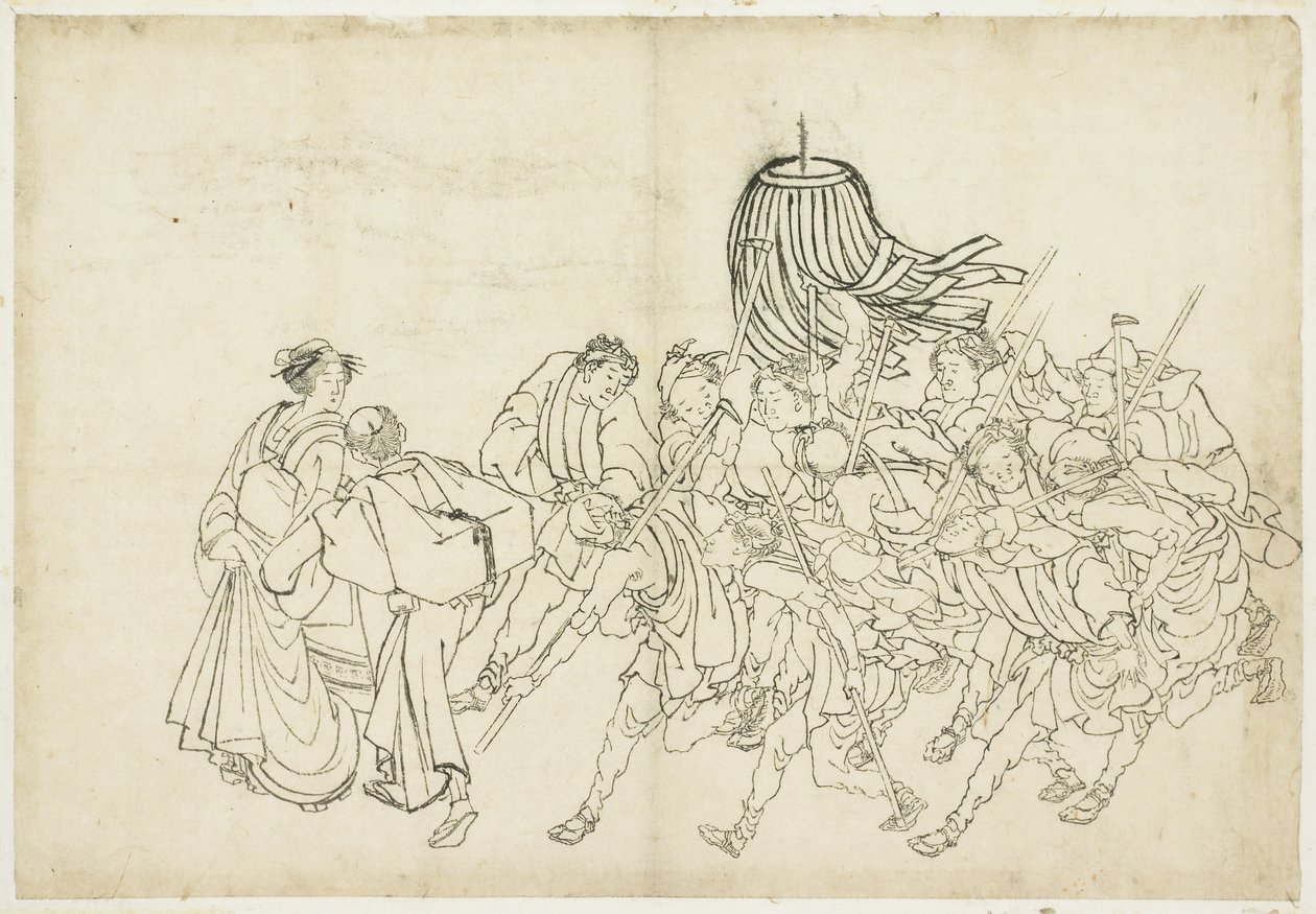 Feuerwehrleute marschieren zu ihrem Fest, 1615-1868 von Katsushika Hokusai