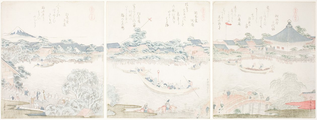 Komagata-Halle und O-umaya-Flussufer, aus der Serie "Eine Auswahl von Pferden" von Katsushika Hokusai