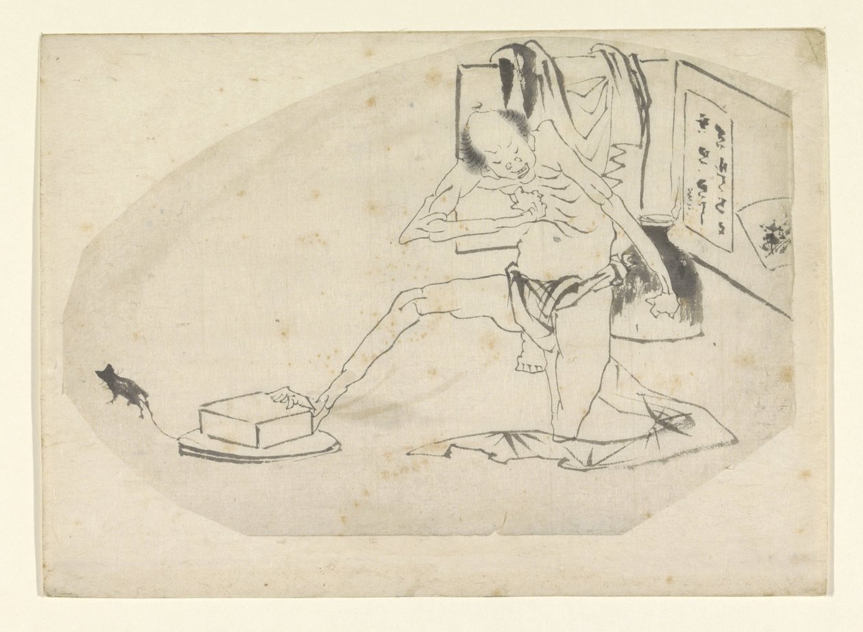 Mann im Lendenschurz, eine Kiste und eine Maus von Katsushika Hokusai