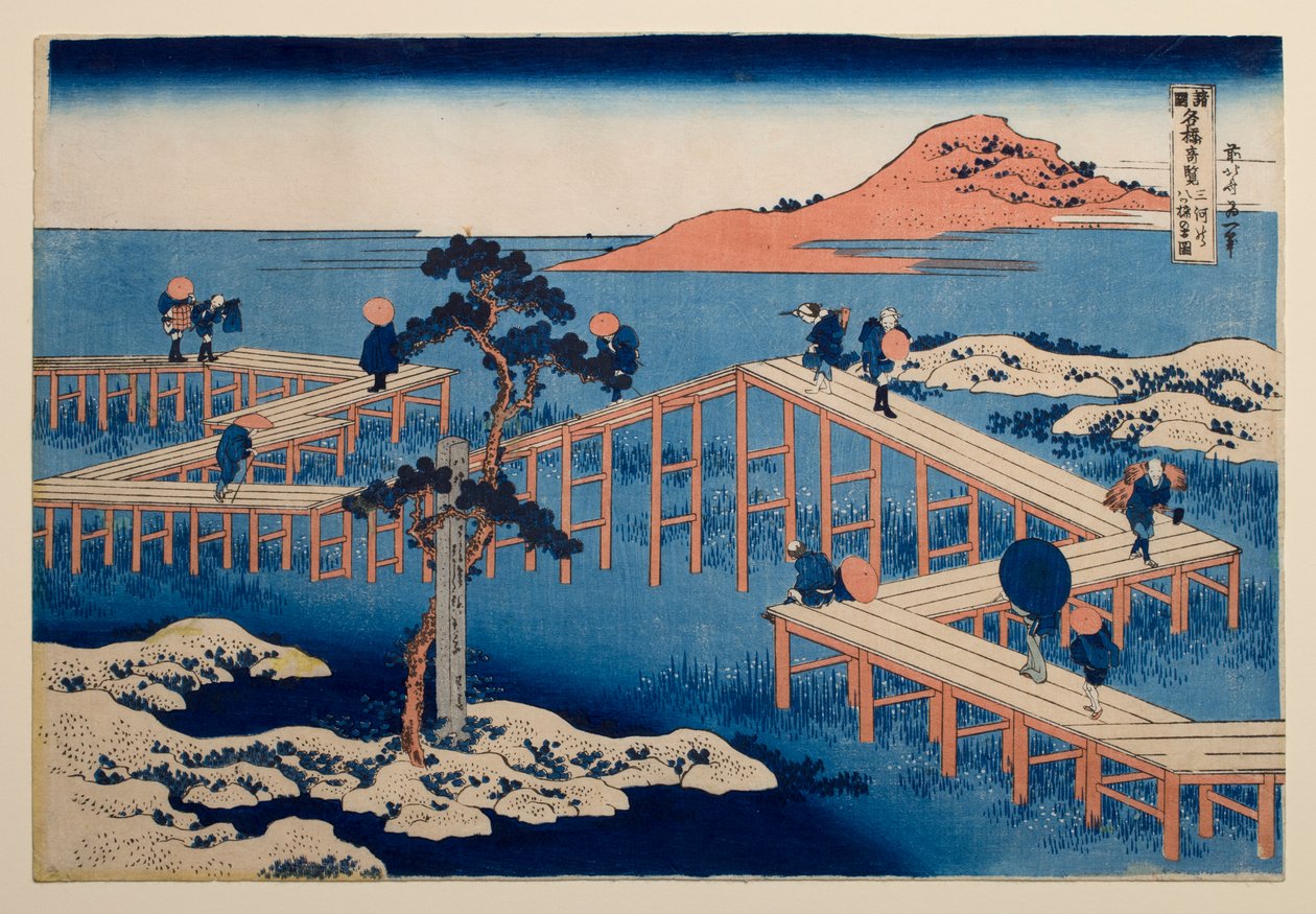 Alte Ansicht der Acht-Teil-Brücke bei Yatsuhashi in der Provinz Mikawa, aus der Serie „Bemerkenswerte Ansichten von Brücken in verschiedenen Provinzen“ von Katsushika Hokusai