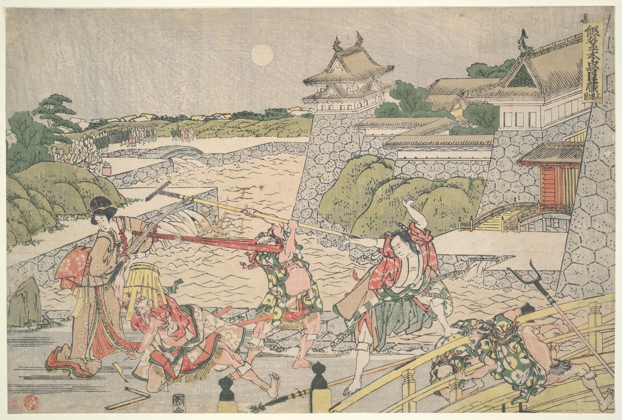 Die loyale Liga der siebenundvierzig Rōnin, Akt III: Kampei wird von Bannai und seinen Männern angegriffen von Katsushika Hokusai
