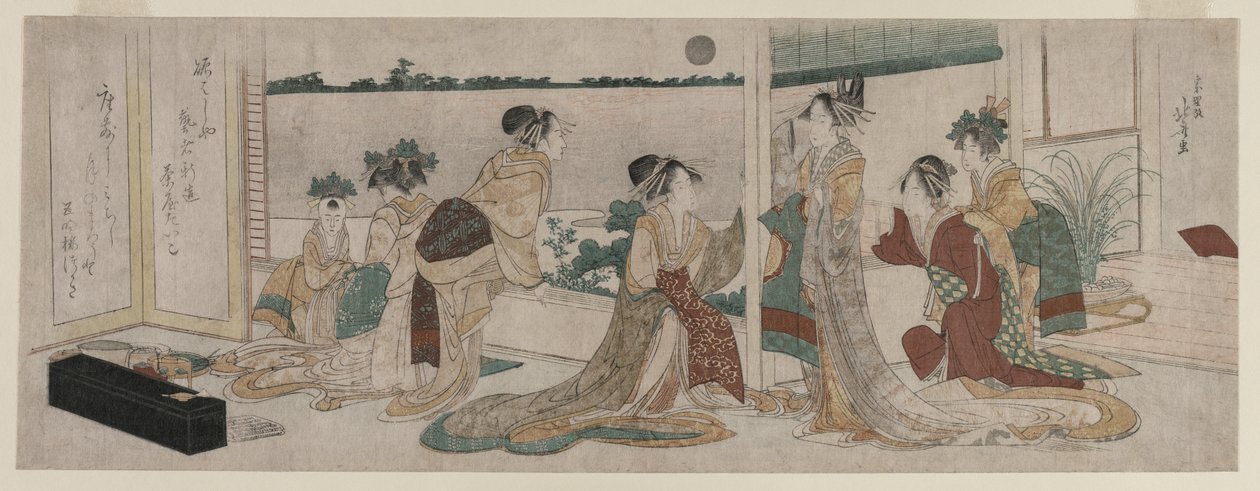 Tsukasa und andere Kurtisanen des Ogiya beobachten den Aufgang des Herbstmondes..., 1799 von Katsushika Hokusai