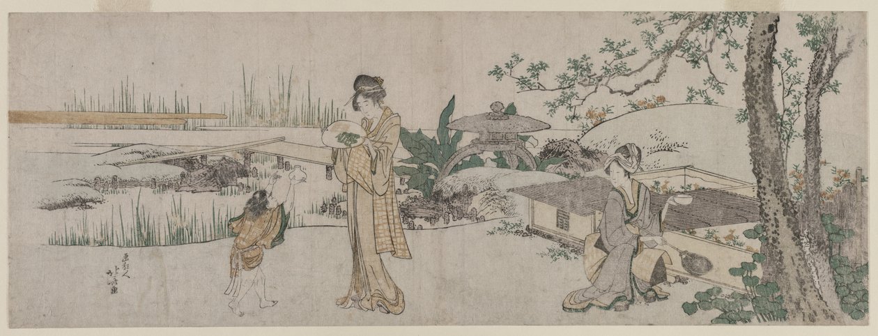Zwei Frauen und ein Kind neben einem Goldfischbecken von Katsushika Hokusai