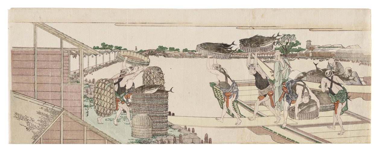 Entladen von Bonito für den Markt von Katsushika Hokusai
