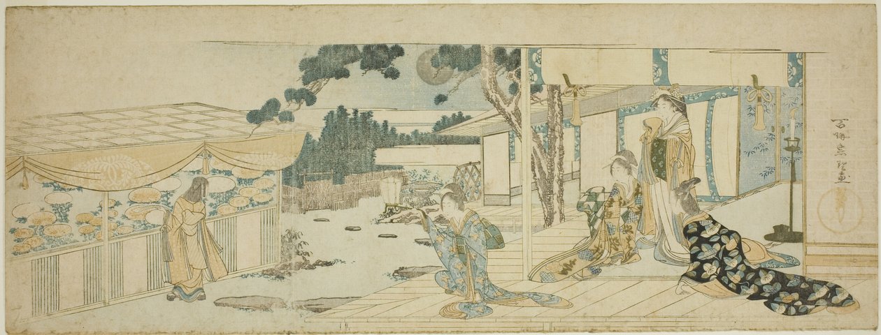 Frauen auf der Veranda schauen einem Mädchen zu, das Blumen pflückt von Katsushika Hokusai