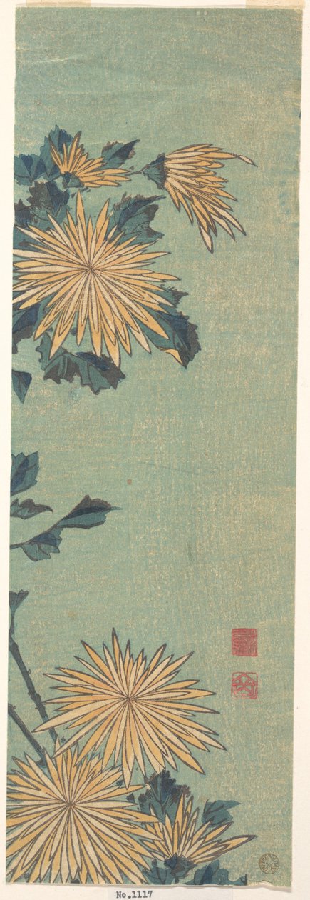 Gelbe Chrysanthemen auf blauem Grund von Katsushika Hokusai
