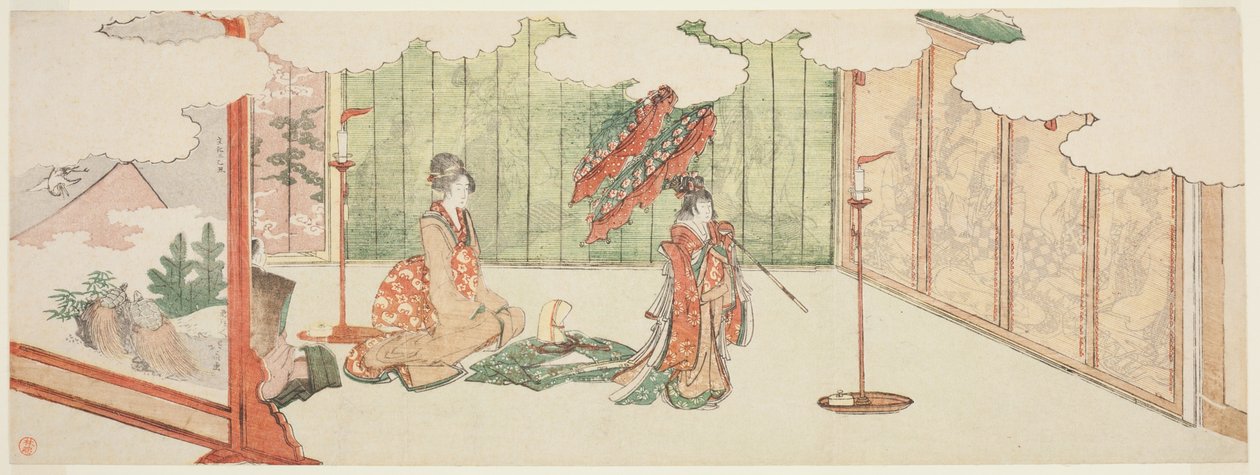 Junges Mädchen tanzt im Herrenhaus von Katsushika Hokusai
