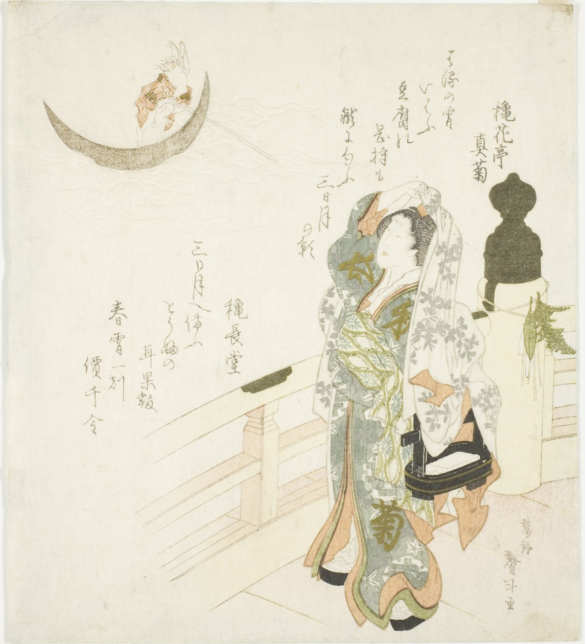 Frau auf der Brücke, die den Mond beobachtet von Katsushika Taito II