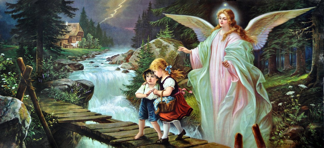 Ein Schutzengel beschützt zwei Kinder, die einen Fluss auf einer alten Holzbrücke überqueren, Anfang des 20. Jahrhunderts von Alec Hunter