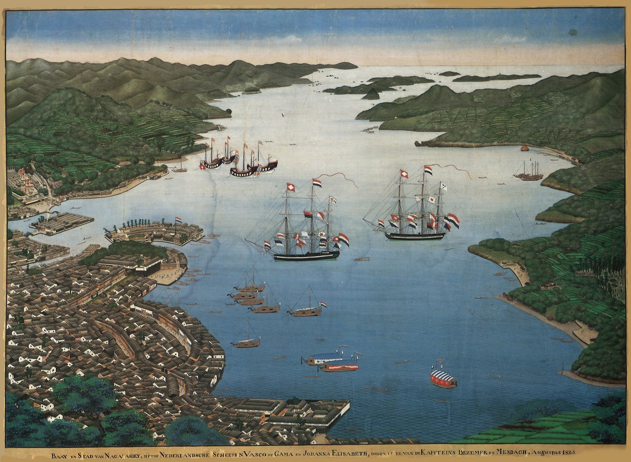 Die Insel Deshima in der Bucht von Nagasaki mit den Schiffen Vasco da Gama und Johanna von Keiga Kawahara