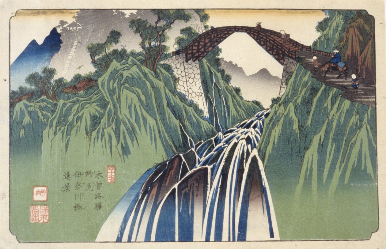 Fernsicht auf die Brücke über den Ina-Fluss in Nojiri, Nr. 41 von Keisai (1790 1848) Eisen