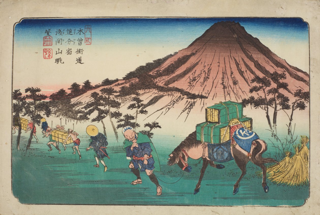 Oiwake, Reisende mit Pferd passieren einen Berg, Tafel 22 aus der Serie: Neunundsechzig Etappen der Kisokaido-Straße von Keisai Eisen