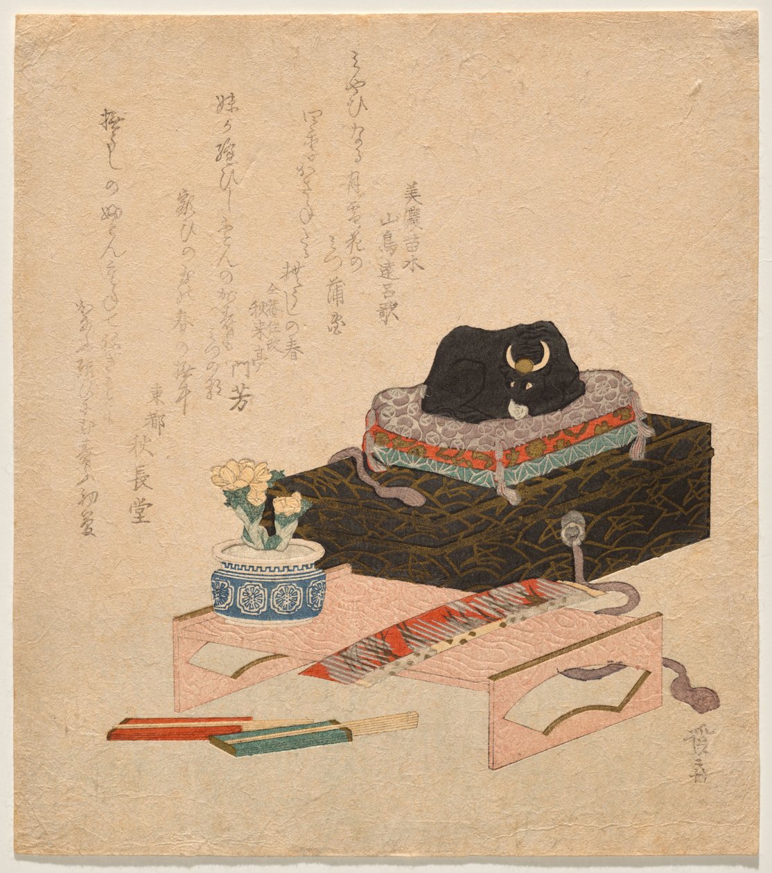 Stillleben mit einer Keramik-Streichel-Ochse (Nade-ushi) von Keisai Eisen