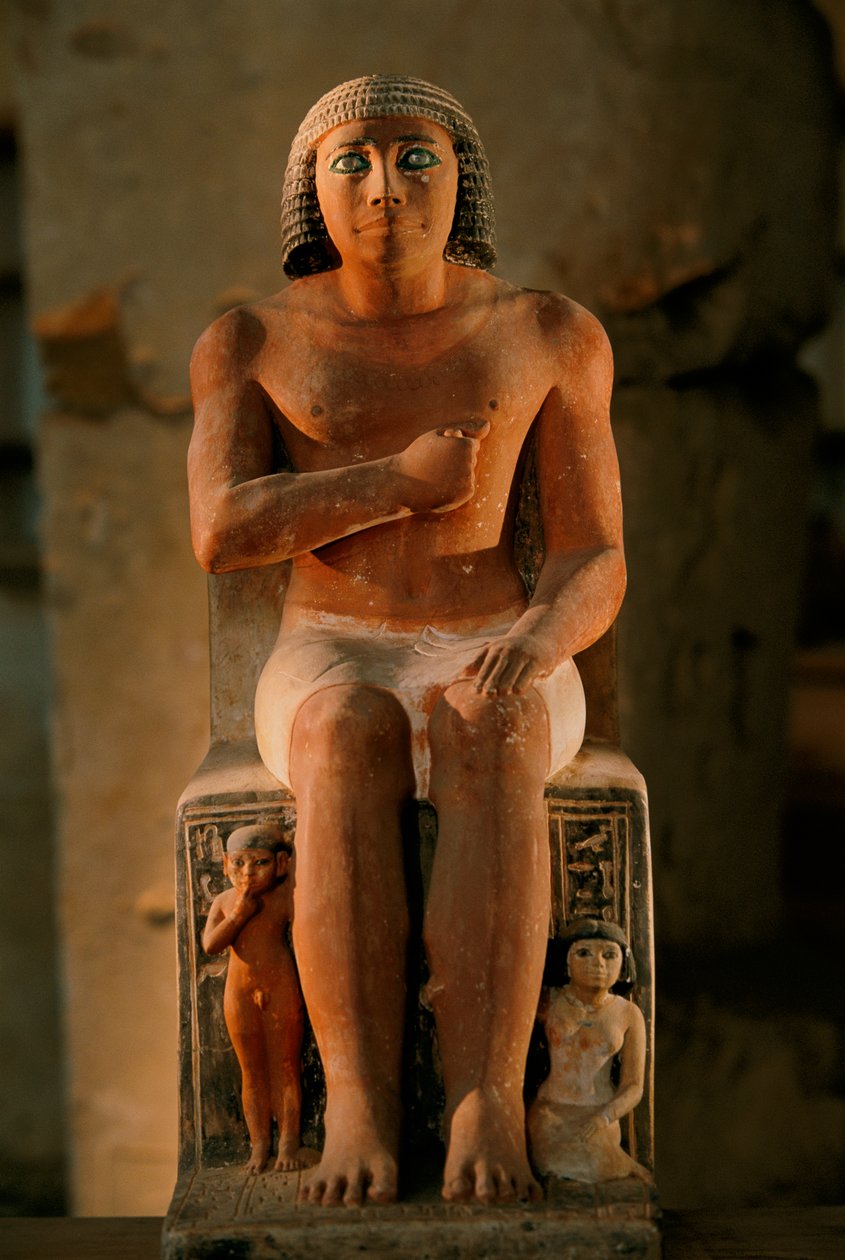 Bemalte Kalkstein-Statue von Kai mit eingelegten Kristallaugen und seinen Kindern, 2002 von Kenneth Garrett