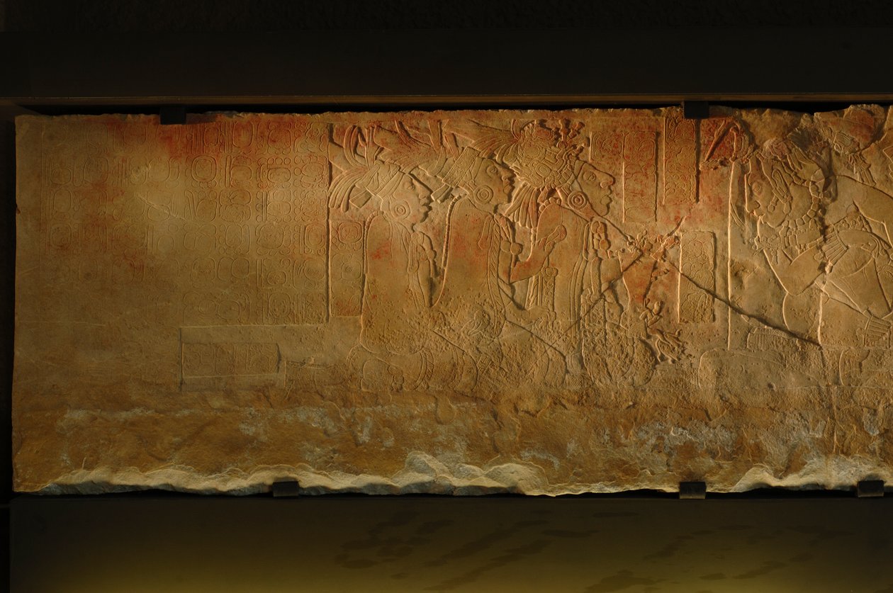 Tempel 19 Thronbank, Palenque, Mexiko, Schnitzerei von Akhal Mo Nab, 2005 von Kenneth Garrett