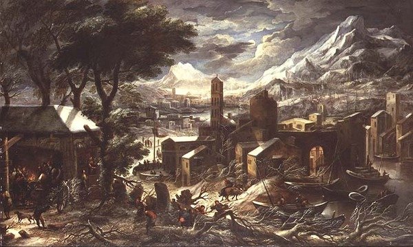 Eine ausgedehnte alpine Winterlandschaft von Kerstiaen de (circle of) Koninck