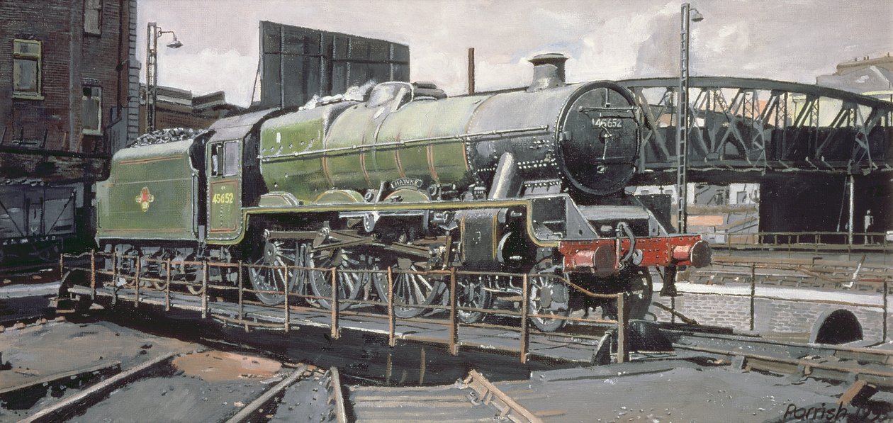 Jubiläumswende, Hawke 45652 Jubilee Class Lokomotive auf der Drehscheibe in Camden, London von Kevin Guild of Railway Artist Parrish