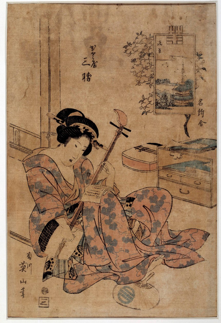 Kunst Japan: Musiker. Drucke von Eizan Kikugawa (1787-1867) 18. Jahrhundert Rennes, Musée des Beaux Arts von Kikukawa Eizan