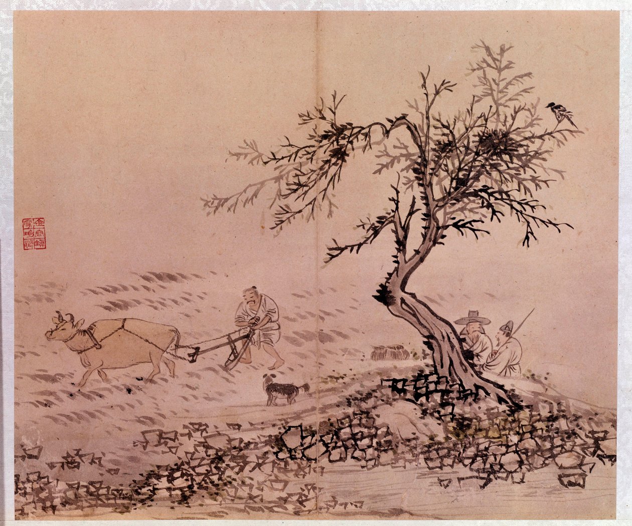 Koreanische Kunst: Pflügszene von Kim Hong Do