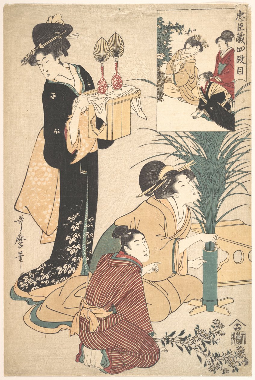 Eine Frau und ein Mann arrangieren Blumen für das Tsukimi (Mondfest) von Kitagawa Utamaro
