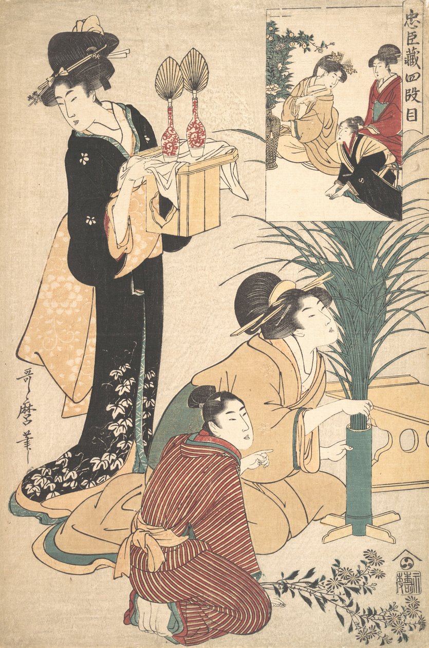 Eine Frau und ein Mann arrangieren Blumen für das Tsukimi-Mondfest von Kitagawa Utamaro