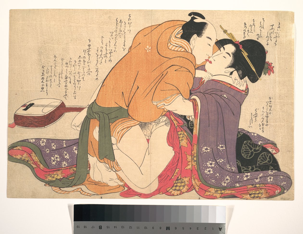 Ein Paar beim Liebesspiel neben einer Shamisen, ein Blatt aus Entwirrung der Fäden des Verlangens von Kitagawa Utamaro