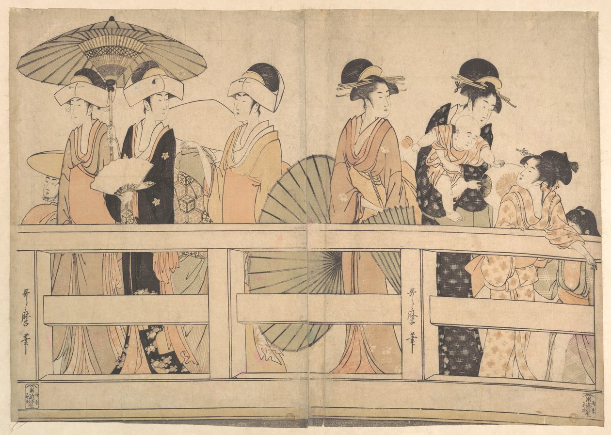 Genießen der kühlen Abendbrise auf und unter der Brücke von Kitagawa Utamaro
