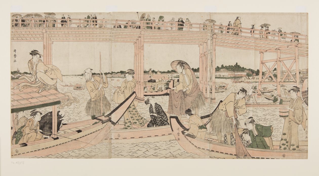 Fischerboote mit Netzen unter der Ryogoku-Brücke von Kitagawa Utamaro