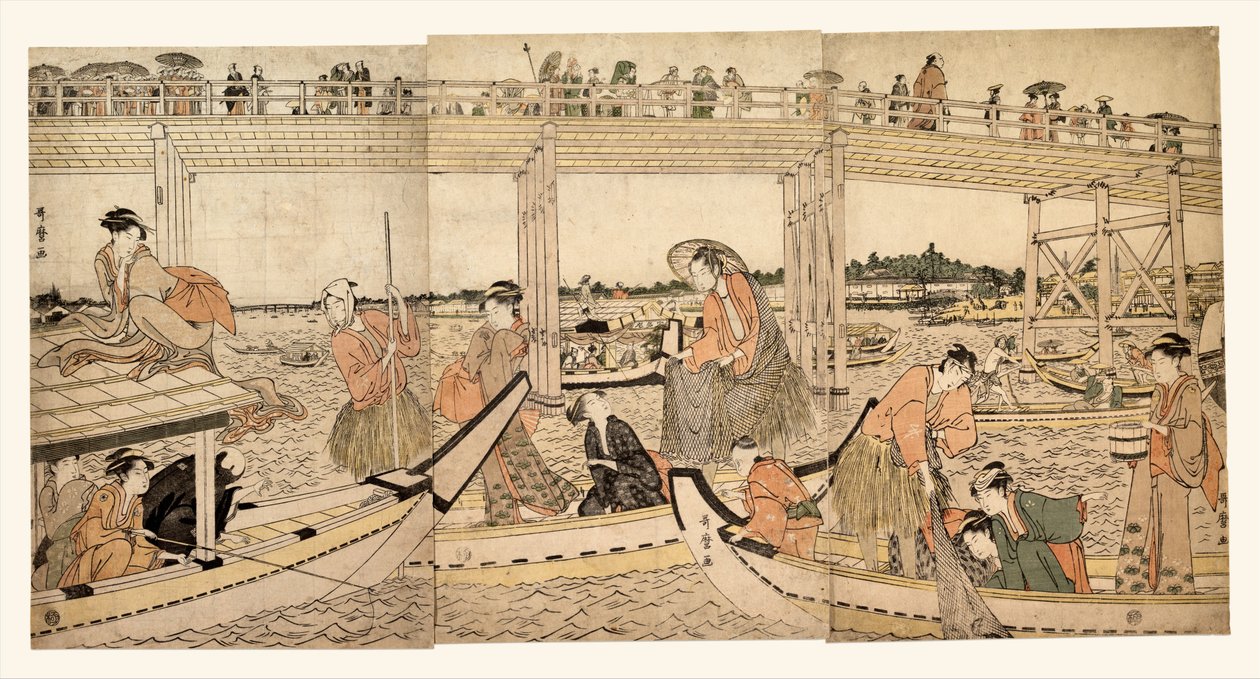 Fischerboote mit Netzen unter der Ryōgoku-Brücke von Kitagawa Utamaro