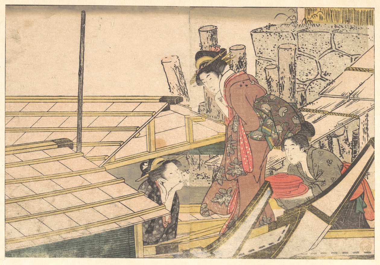 Mädchen steigen in ein Boot, aus dem illustrierten Buch Blumen der vier Jahreszeiten von Kitagawa Utamaro