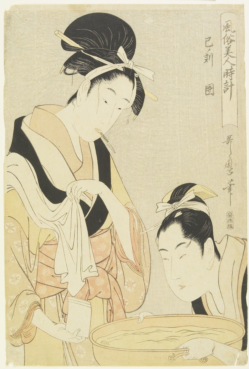 Stunde der Schlange, Gehaltene Frau, 1798-1799 von Kitagawa Utamaro