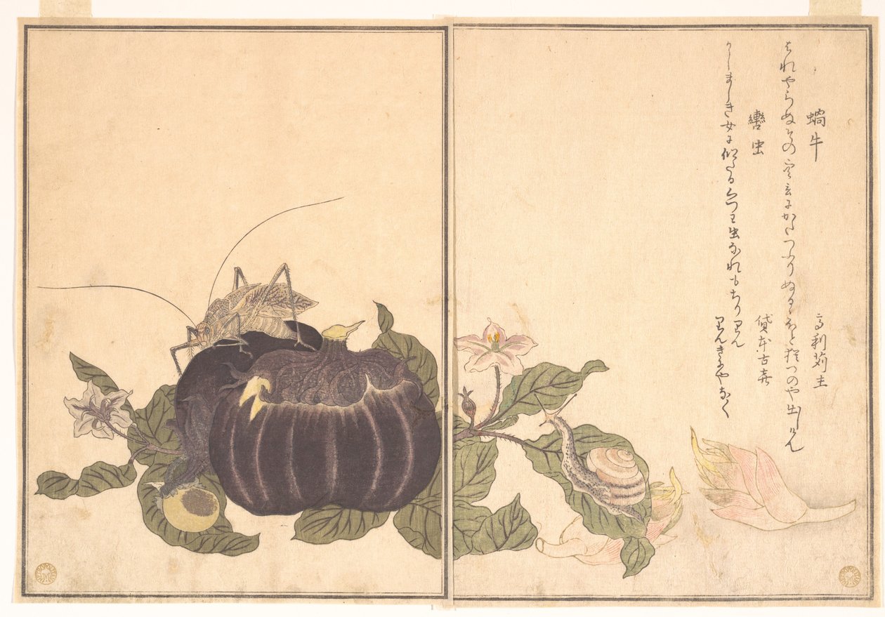 Landschnecke (Katatsumuri); Riesenkäfer (Kutsuwamushi), aus dem Bilderbuch der kriechenden Kreaturen (Ehon mushi erami) von Kitagawa Utamaro