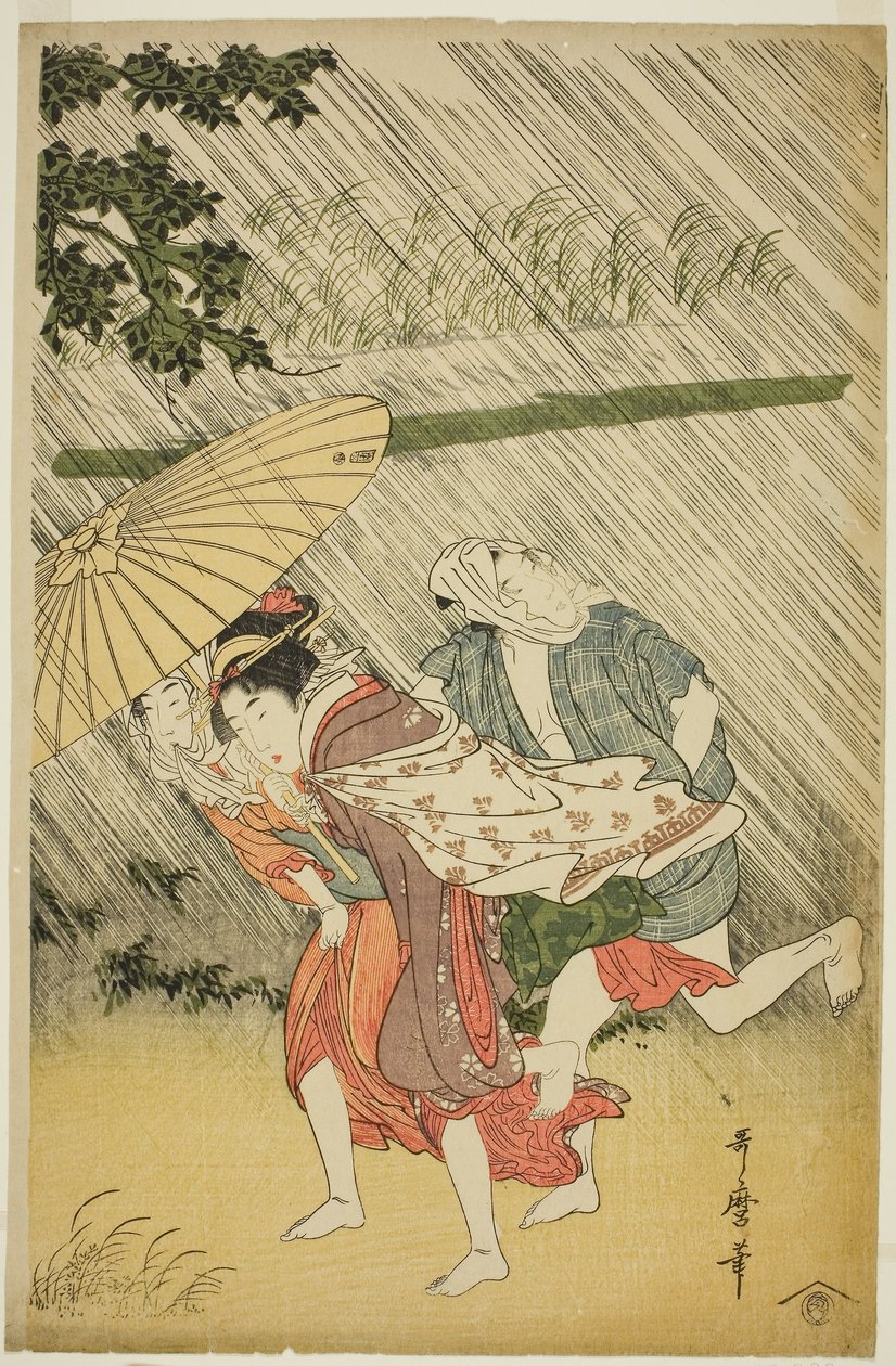 Liebende unter einem Regenschirm von Kitagawa Utamaro