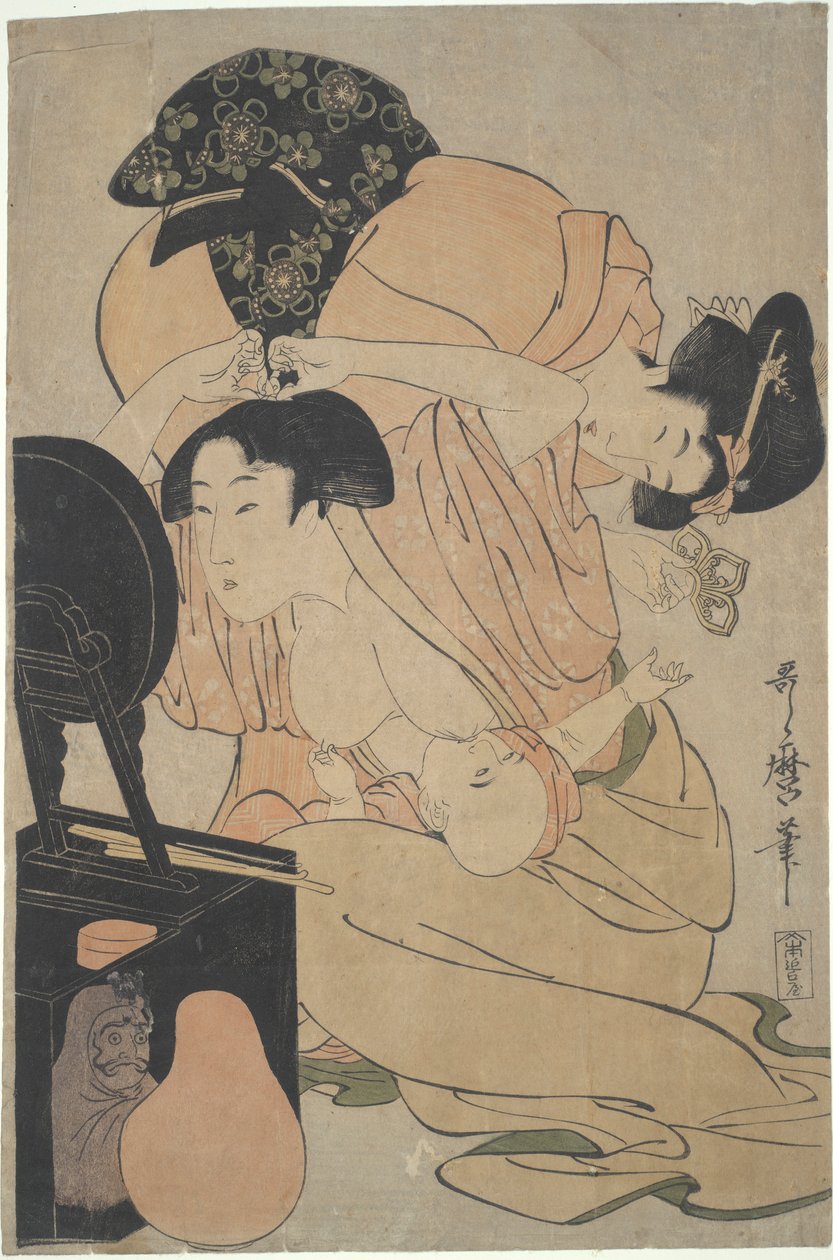 Mutter mit stillendem Baby und Begleiterin von Kitagawa Utamaro