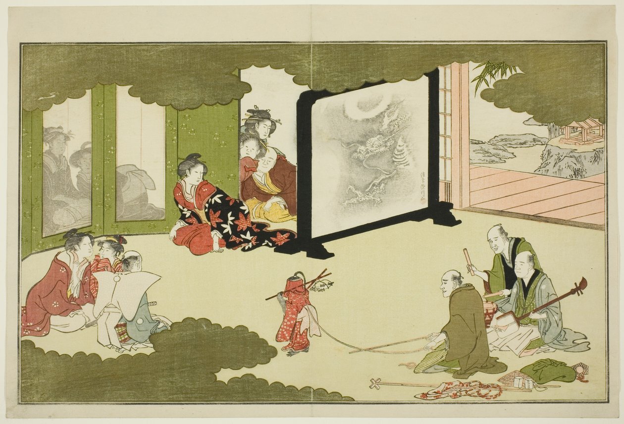 Aufführung eines dressierten Affen, aus einer illustrierten Gedichtanthologie mit dem Titel "Der junge Gott Ebisu (Waka Ebisu)" von Kitagawa Utamaro