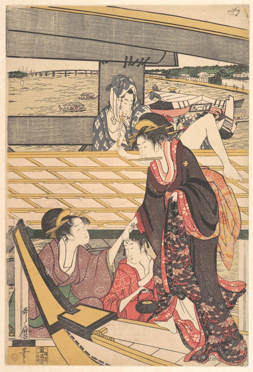 Vergnügungsfahrten in Booten auf dem Sumida-Fluss unter der Ryogoku-Brücke von Kitagawa Utamaro