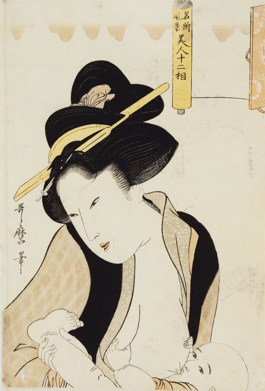 Porträt einer Mutter, die ihr Kind stillt, aus der Serie "Zwölf Typen schöner Frauen mit Landschaften berühmter Orte" von Kitagawa Utamaro